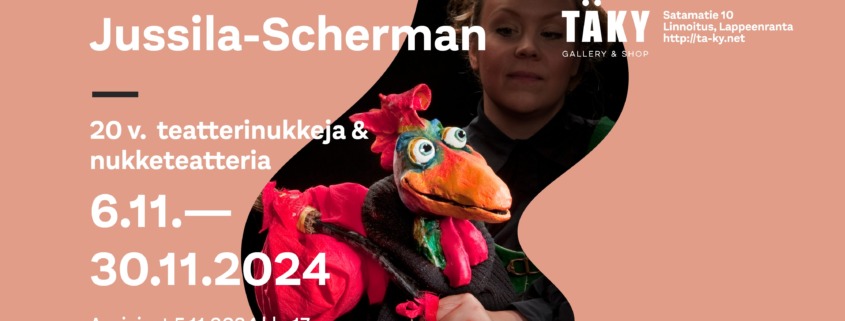 Emma Jussila-Schermanin teatterinukkenäyttelyn mainos, tekijä Lauri Tujula, valokuva Ari Nakari